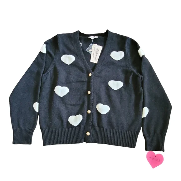 Nanette Lepore Heart Print Cardigan Black White Pearl Button XL Romantic Chic - Picture 11 of 17